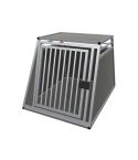 Einzelbox aus silbernem Aluminium und dunkelgrauen Sichtelementen mit Stabrohrtür und schwarzem Verschluss. Anschlag ist auf der linken Seite.
