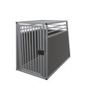 Einzelbox aus silbernem Aluminium und dunkelgrauen Sichtelementen mit Stabrohrtür und schwarzem Verschluss. Anschlag ist auf der linken Seite.