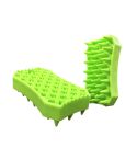 zwei hellgrüne Silikonbürsten, die stehende Bürste sieht man von unten mit großen Borsten, die liegende Bürste sieht man von oben mit kleinen Borsten
