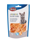 blauer Beutel mit bunten Details, Sichtfenster zum Beutelinhalt und grauer Baby-Katze, auf der Verpackung stehen die Produktinformationen