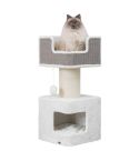 zweistöckiger Kratzbaum mit weißem Plüsch, grauer Kratzfläche und mit Jute umhüllten Stamm, der Kratzbaum hat eine Höhlen, einen Spielball und eine Liegeplatte