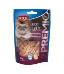 blauer Beutel mit lila Details, Sichtfenster zum Beutelinhalt und braun getigerter Katze, auf der Verpackung stehen die Produktinformationen
