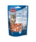 blauer Beutel mit blauen Details, Sichtfenster zum Beutelinhalt und braun getigerter Katze, auf der Verpackung stehen die Produktinformationen