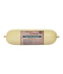 Fleischwurst mit gelblicher Haut und braunem Etikett, auf dem Etikett stehen die Produktinformationen