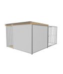 Hundezwinger mit Auslauf aus Stabelementen, hellgrauen Sandwichpaneelen, Holzboden, Dachunterschalung aus Holz und Alu-Zink beschichtetem Wellblechdach