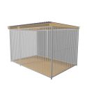 Hundezwinger ohne Auslauf aus Stabelementen, hellgrauen Sandwichpaneelen, Holzboden, Dachunterschalung aus Holz und Alu-Zink beschichtetem Wellblechdach