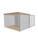 Hundezwinger mit Auslauf aus Stabelementen, hellgrauen Sandwichpaneelen, Holzboden, Dachunterschalung aus Holz und Alu-Zink beschichtetem Wellblechdach
