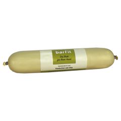 Fleischwurst in hellgrüner Haut und Etikett mit Barfit Logo, Produktbeschreibung befindet sich auf dem Etikett